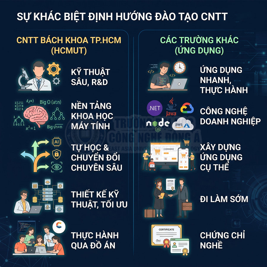So sánh định hướng đào tạo CNTT Bách Khoa TP.HCM và các trường ứng dụng với nội dung, kỹ năng và mục tiêu nghề nghiệp