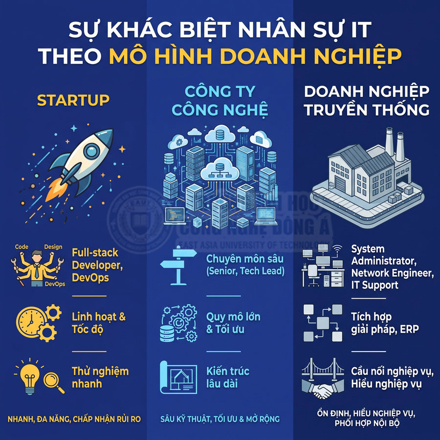 Infographic so sánh nhân sự IT trong startup, công ty công nghệ và doanh nghiệp truyền thống