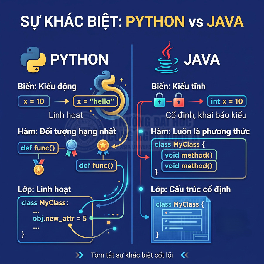 So sánh sự khác biệt cốt lõi giữa ngôn ngữ lập trình Python và Java bằng ví dụ trực quan