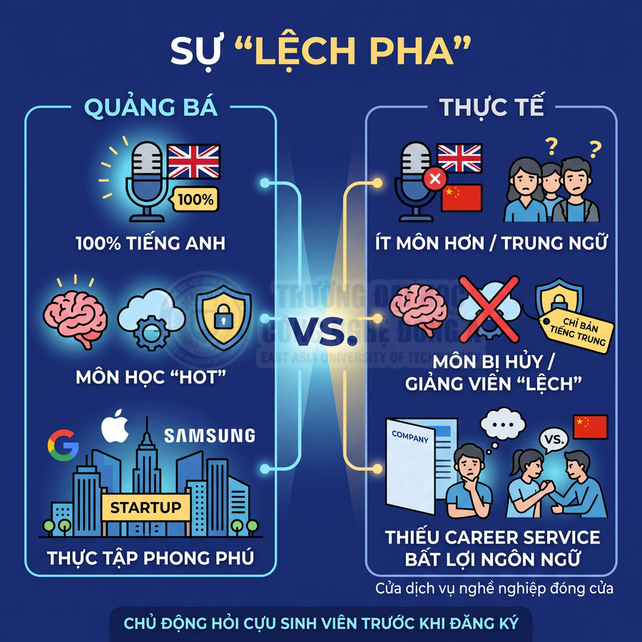 Infographic so sánh quảng bá 100% tiếng Anh, môn học hot, thực tập Apple Google Samsung với thực tế lệch pha, ít môn và thiếu hỗ trợ