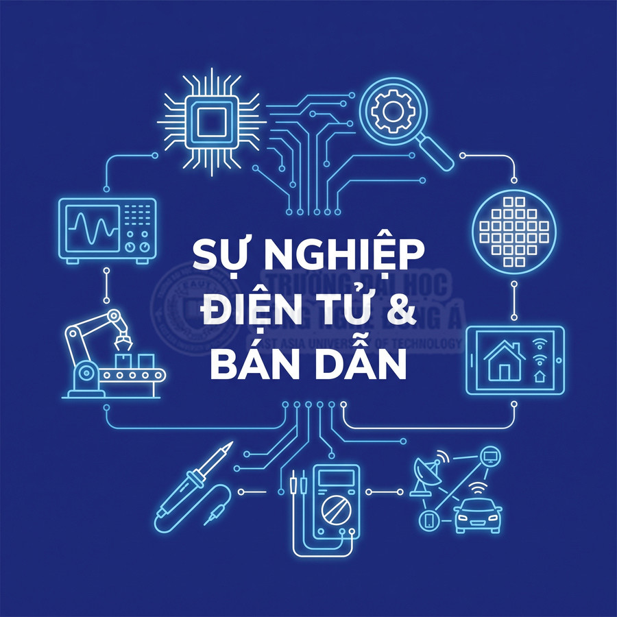 Sự nghiệp điện tử và bán dẫn với các biểu tượng chip, robot, thiết bị đo, ô tô và nhà thông minh