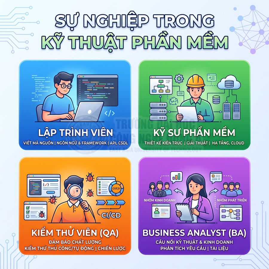 Minh họa các vị trí nghề nghiệp trong ngành kỹ thuật phần mềm: lập trình viên, kỹ sư phần mềm, kiểm thử viên, business analyst
