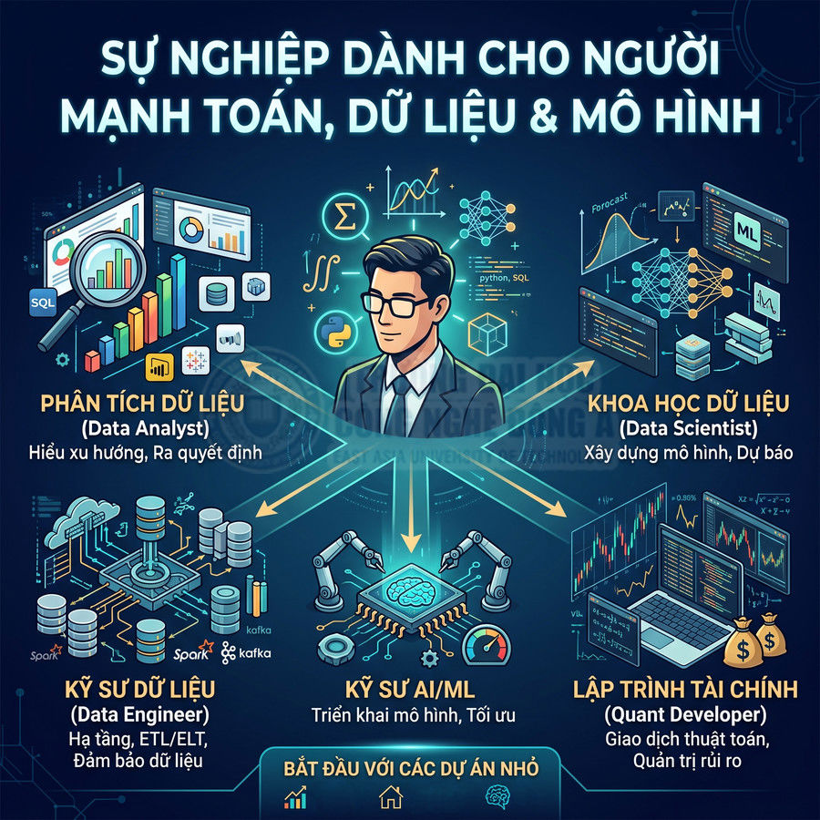 Infographic các hướng nghề nghiệp cho người giỏi toán và dữ liệu như Data Analyst, Data Scientist, Data Engineer, AI ML, Quant