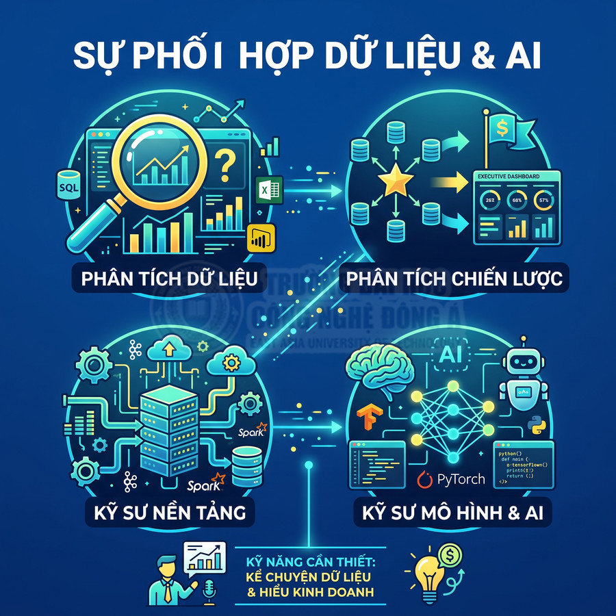 Minh họa sự phối hợp dữ liệu và AI với các vai trò phân tích dữ liệu, chiến lược, kỹ sư nền tảng, kỹ sư mô hình AI