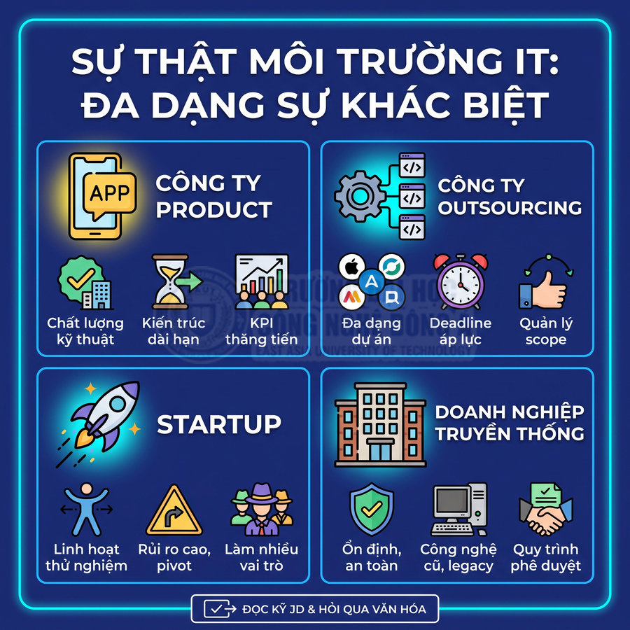 Infographic so sánh môi trường IT giữa công ty product, outsourcing, startup và doanh nghiệp truyền thống