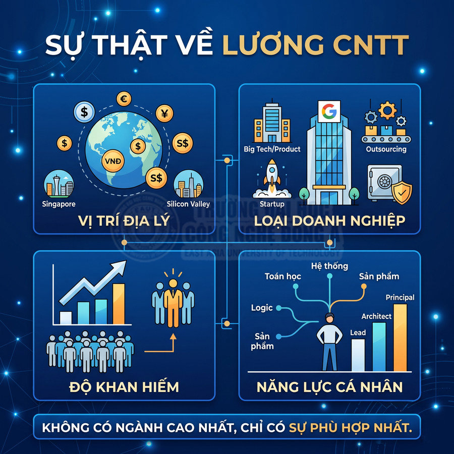 Infographic sự thật về lương ngành CNTT theo vị trí địa lý, loại doanh nghiệp, độ khan hiếm và năng lực cá nhân