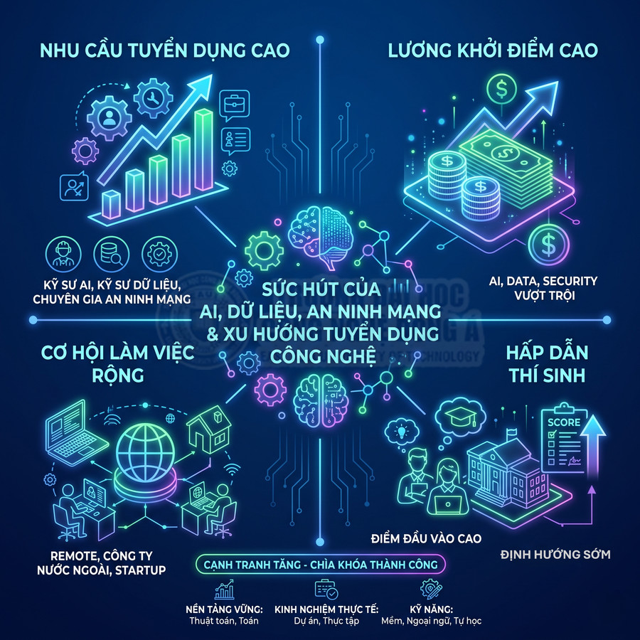Infographic xu hướng tuyển dụng ngành AI, dữ liệu, an ninh mạng với lương cao và nhiều cơ hội việc làm hấp dẫn