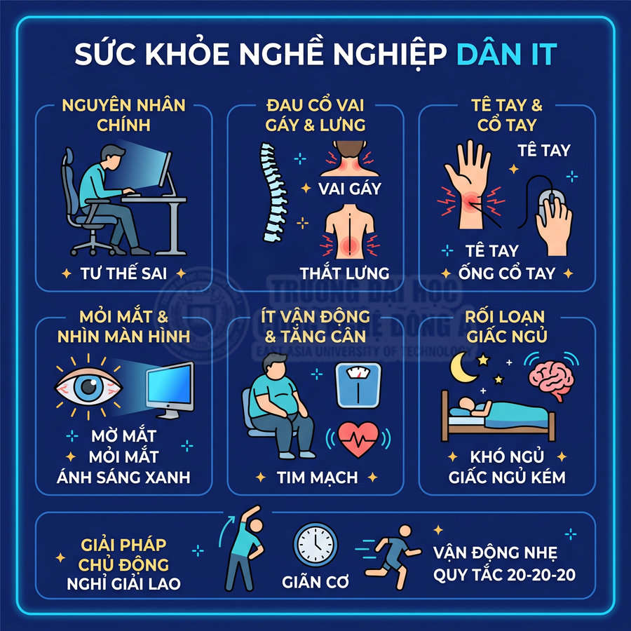 Infographic sức khỏe nghề nghiệp dân IT với tư thế sai, đau cổ vai gáy, mỏi mắt, ít vận động và giải pháp vận động nhẹ