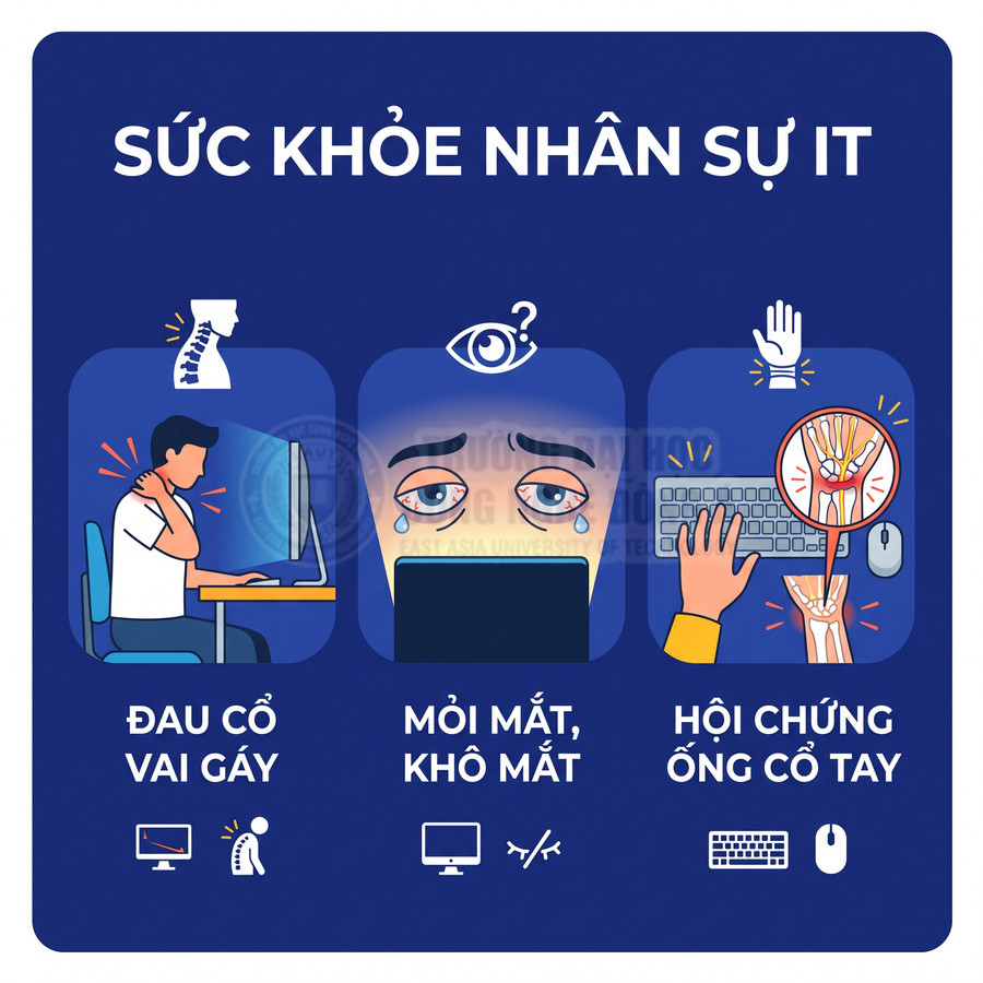 Các vấn đề sức khỏe nhân sự IT khi làm việc máy tính lâu: đau cổ vai gáy, mỏi mắt, hội chứng ống cổ tay