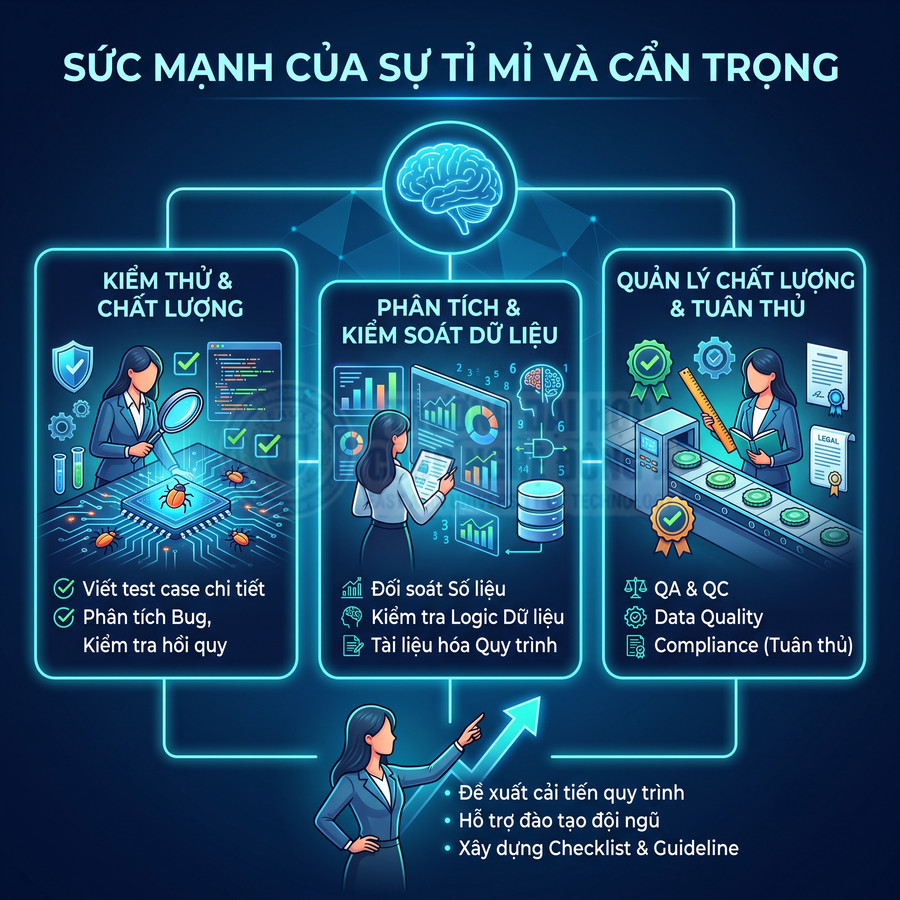 Minh họa quy trình kiểm thử phần mềm, phân tích dữ liệu và quản lý chất lượng tuân thủ trong doanh nghiệp