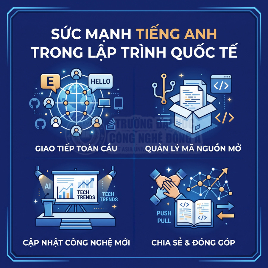 Sức mạnh tiếng Anh trong lập trình quốc tế giao tiếp toàn cầu quản lý mã nguồn mở cập nhật công nghệ chia sẻ đóng góp