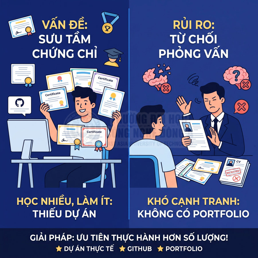 Minh họa so sánh việc chỉ sưu tầm chứng chỉ với xây dựng dự án thực tế và portfolio khi xin việc IT