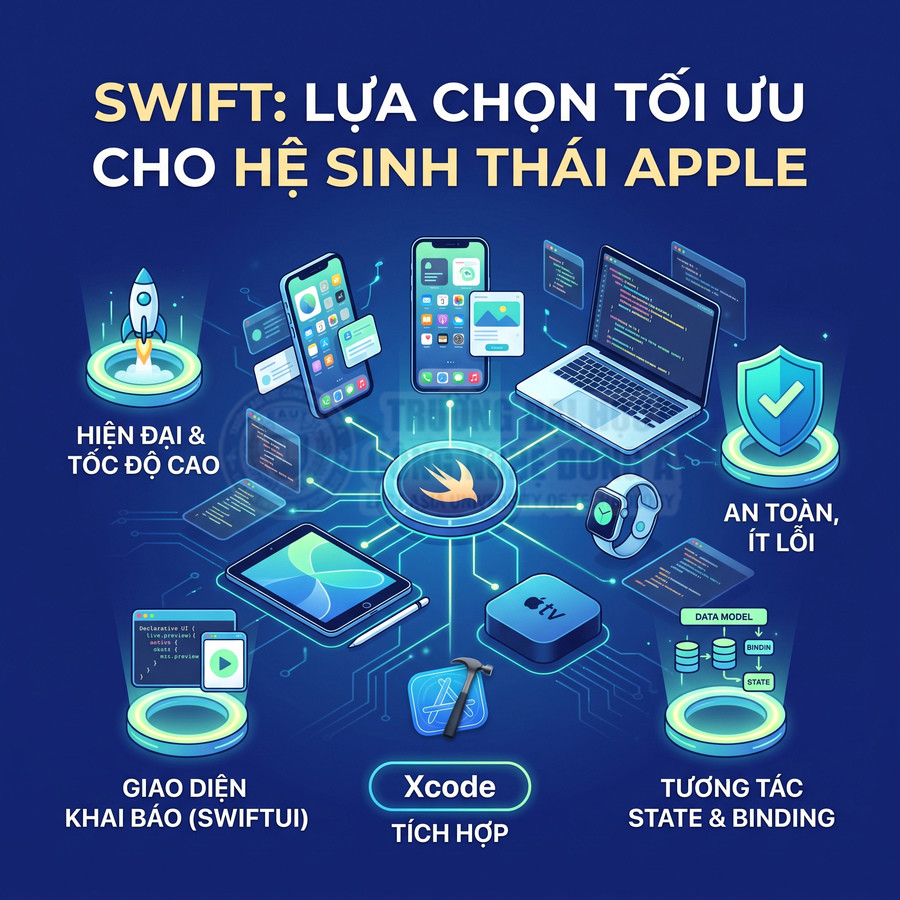 Minh họa ngôn ngữ lập trình Swift cho hệ sinh thái Apple với iPhone, MacBook, Apple Watch, Apple TV và Xcode