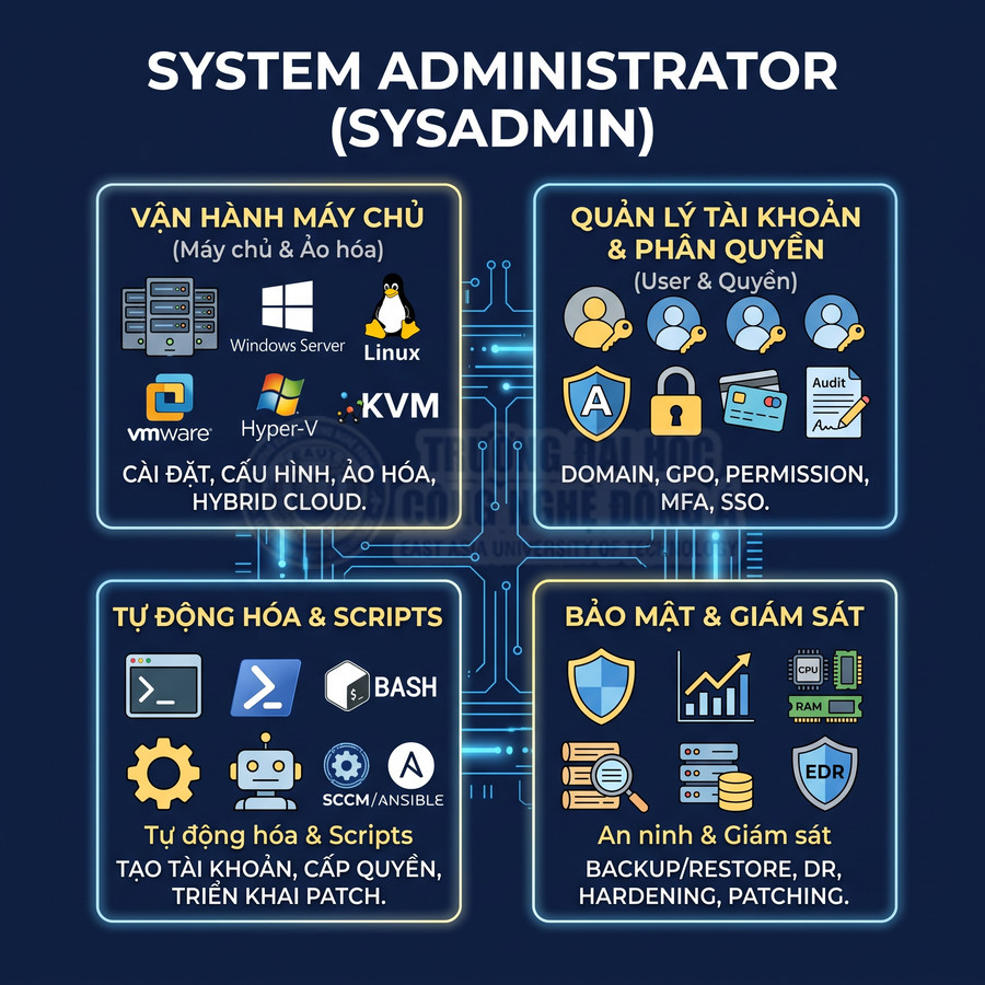 Infographic mô tả công việc System Administrator gồm vận hành máy chủ, quản lý tài khoản, tự động hóa, bảo mật và giám sát hệ thống