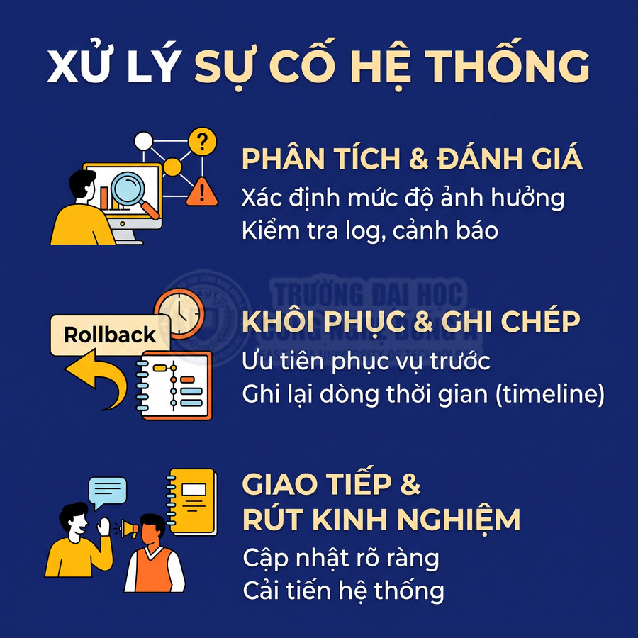 Các bước xử lý sự cố hệ thống gồm phân tích đánh giá, khôi phục ghi chép và giao tiếp rút kinh nghiệm