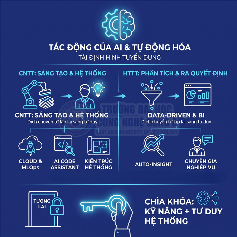 Infographic tác động của AI và tự động hóa đến tuyển dụng, nhấn mạnh kỹ năng và tư duy hệ thống trong CNTT và dữ liệu