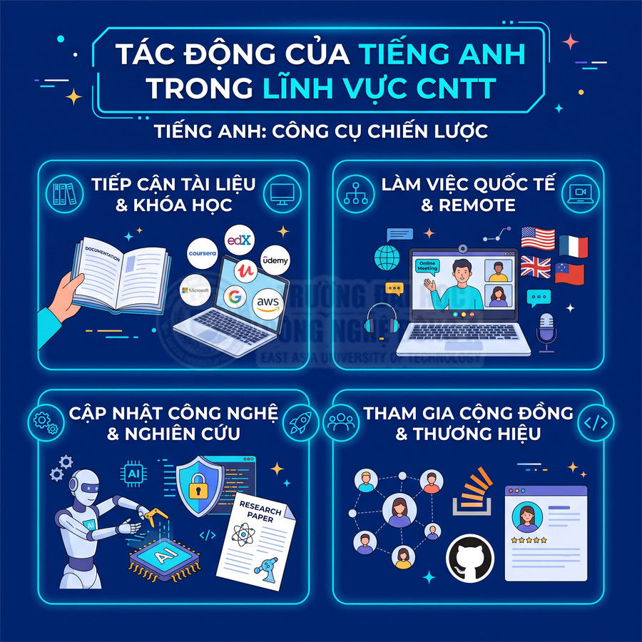 Infographic tác động của tiếng Anh trong lĩnh vực CNTT với học trực tuyến, làm việc quốc tế, nghiên cứu và xây dựng thương hiệu