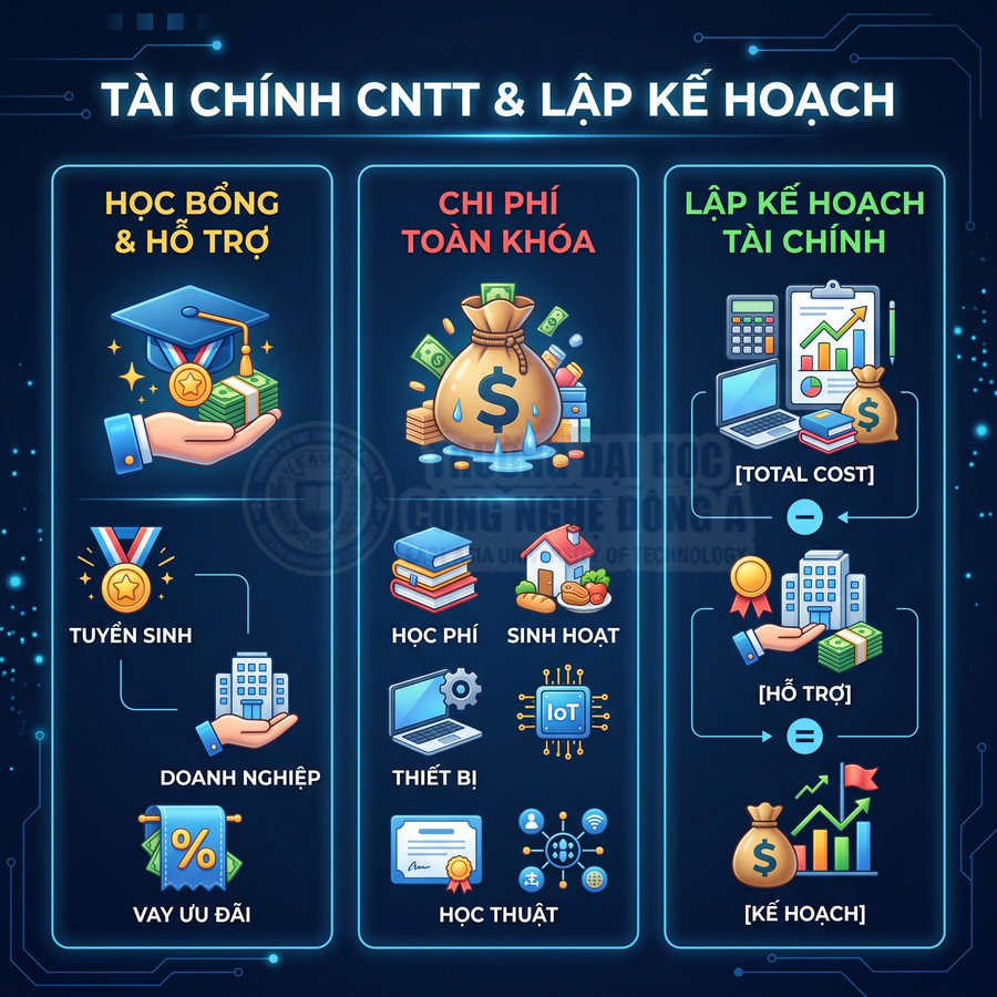Infographic tài chính CNTT với học bổng hỗ trợ, chi phí toàn khóa và lập kế hoạch tài chính cho sinh viên