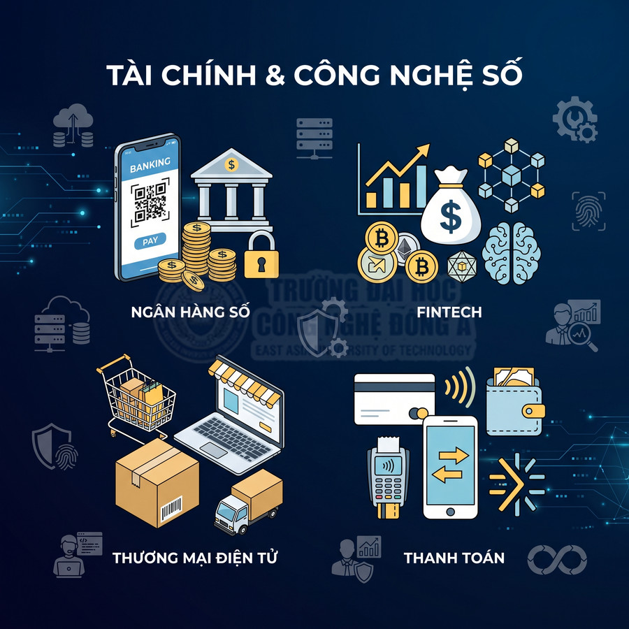 Minh họa tài chính và công nghệ số với ngân hàng số, fintech, thương mại điện tử và giải pháp thanh toán trực tuyến