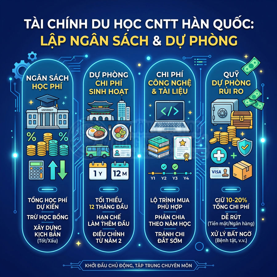 Infographic lập ngân sách và quỹ dự phòng tài chính du học CNTT Hàn Quốc với các nhóm chi phí chính