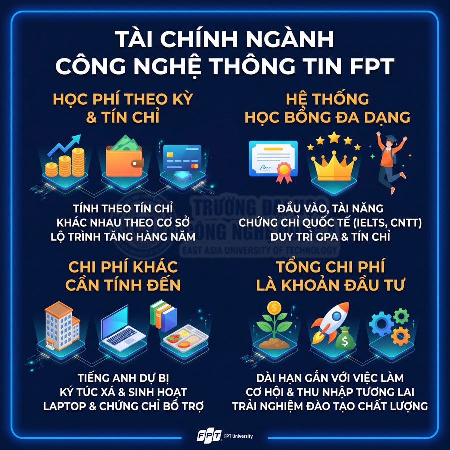 Infographic tài chính ngành Công nghệ thông tin FPT University với học phí tín chỉ, học bổng, chi phí khác và cơ hội đầu tư tương lai