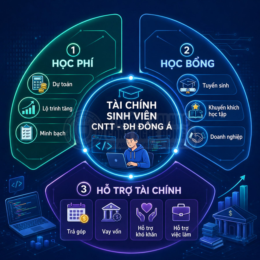 Infographic tài chính sinh viên CNTT Đại học Đông Á với học phí, học bổng và các gói hỗ trợ tài chính