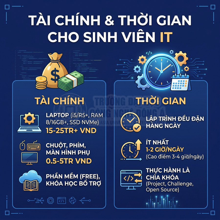 Infographic tài chính và thời gian cần chuẩn bị cho sinh viên IT, gồm laptop, phụ kiện, phần mềm và lịch học lập trình