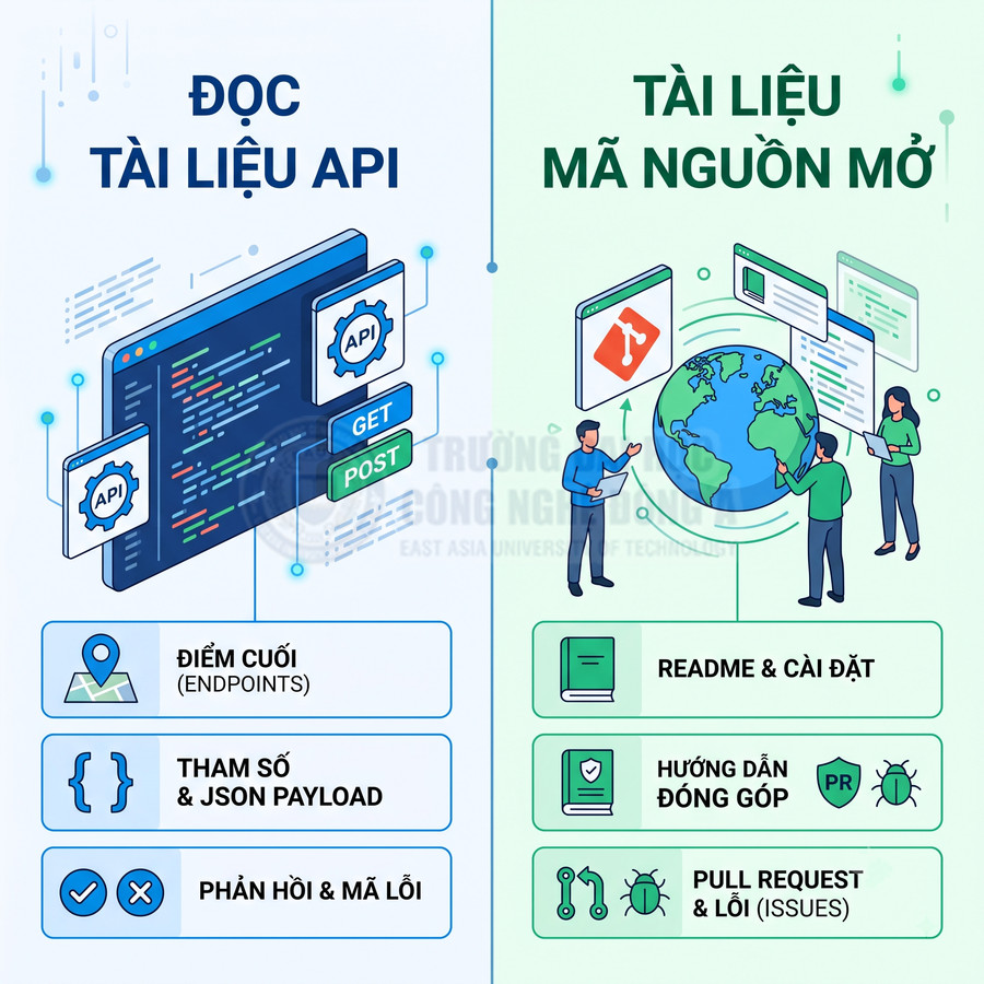 Minh họa tài liệu API và tài liệu mã nguồn mở với lập trình viên, biểu tượng Git, JSON, endpoint và hướng dẫn đóng góp mã