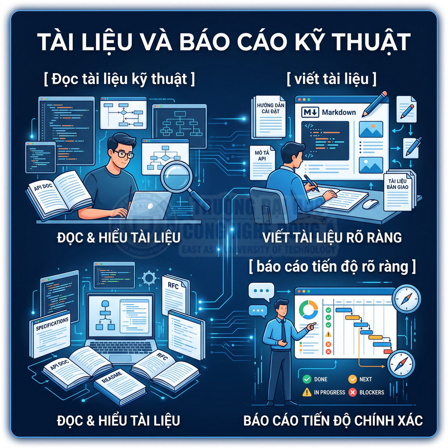 Minh họa kỹ sư phần mềm đọc tài liệu kỹ thuật và viết báo cáo tiến độ dự án rõ ràng, chính xác