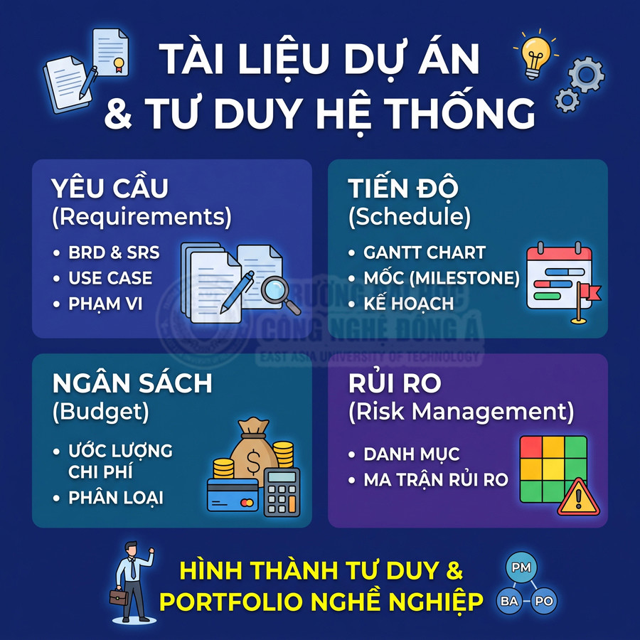 Tài liệu dự án và tư duy hệ thống với yêu cầu, tiến độ, ngân sách, rủi ro cho người làm PM BA PO