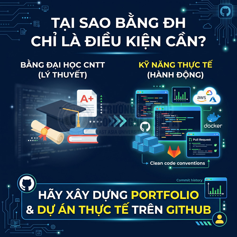 Banner so sánh bằng đại học CNTT và kỹ năng lập trình thực tế, khuyến khích xây dựng portfolio dự án trên GitHub