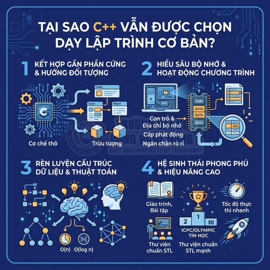 Infographic lý do C++ được chọn dạy lập trình cơ bản với ưu điểm về phần cứng, bộ nhớ, cấu trúc dữ liệu và hệ sinh thái