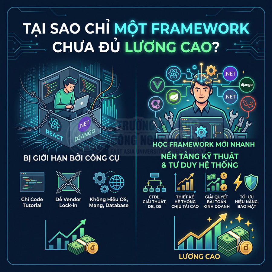 Infographic so sánh lập trình viên chỉ biết một framework với lập trình viên nắm vững nền tảng kỹ thuật để đạt lương cao