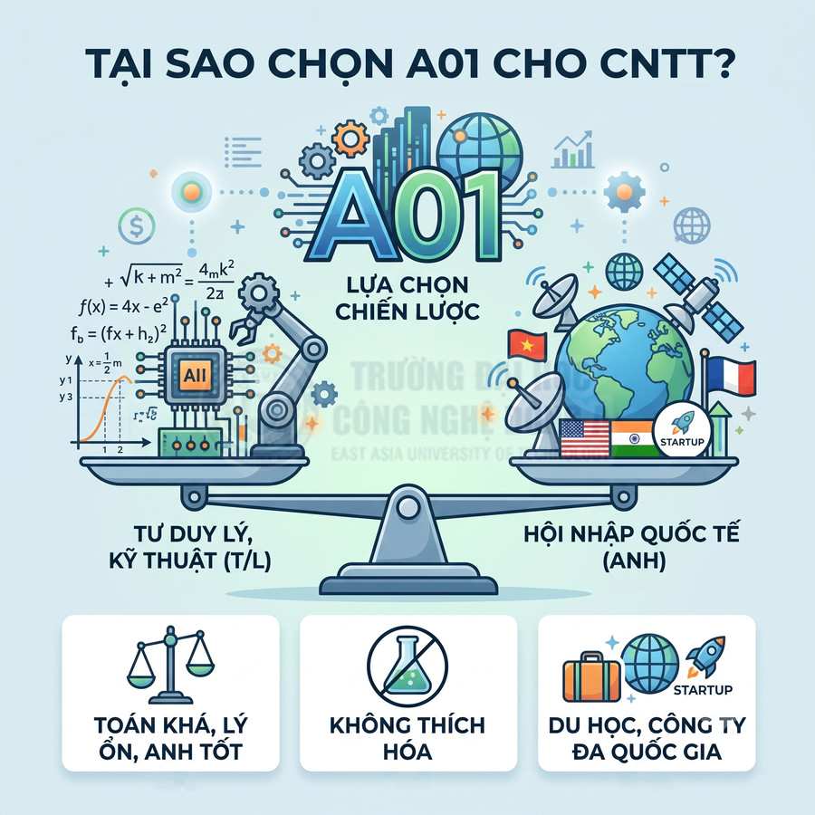 Infographic giới thiệu lợi ích chọn tổ hợp A01 cho ngành công nghệ thông tin, tư duy kỹ thuật và hội nhập quốc tế
