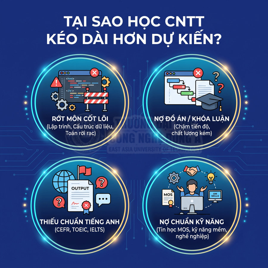Các lý do khiến sinh viên học CNTT kéo dài: rớt môn cốt lõi, nợ đồ án, thiếu chuẩn tiếng Anh, nợ chuẩn kỹ năng