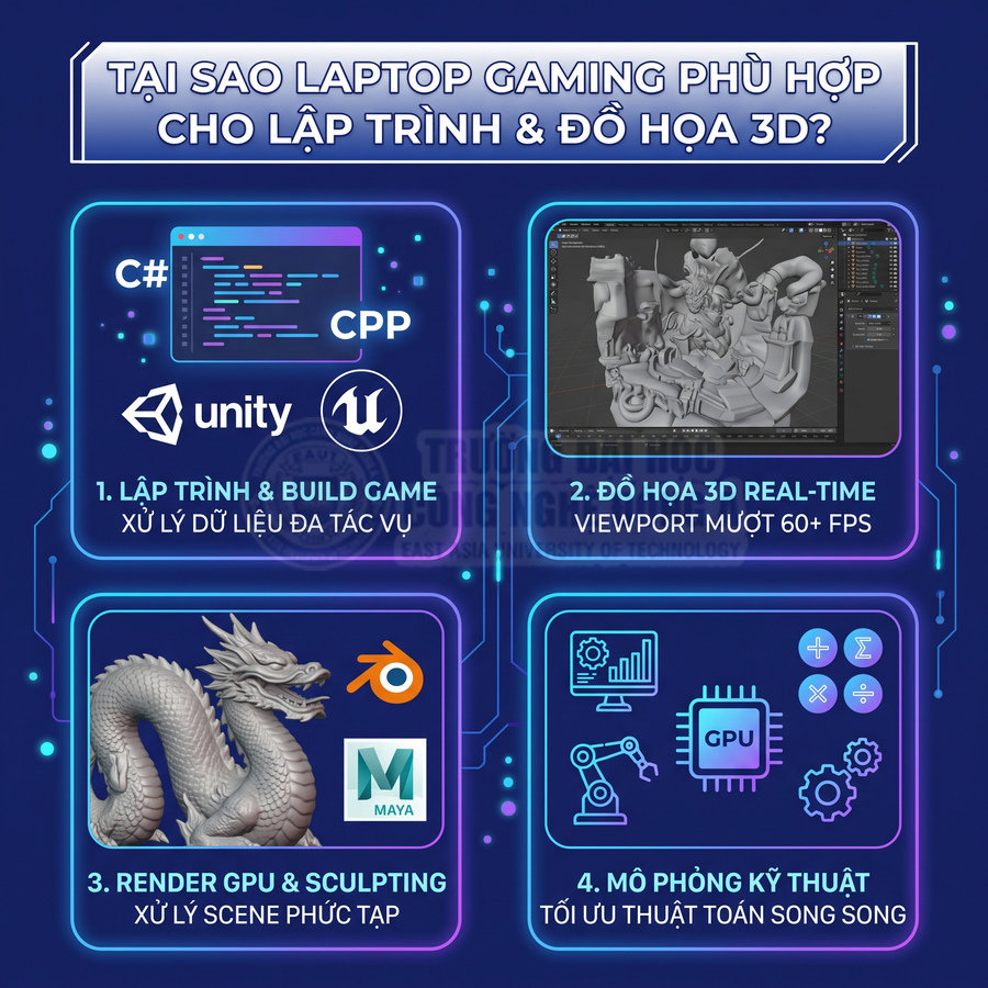 Laptop gaming cho lập trình, đồ họa 3D, render GPU, mô phỏng kỹ thuật với Unity, Unreal, Blender, Maya