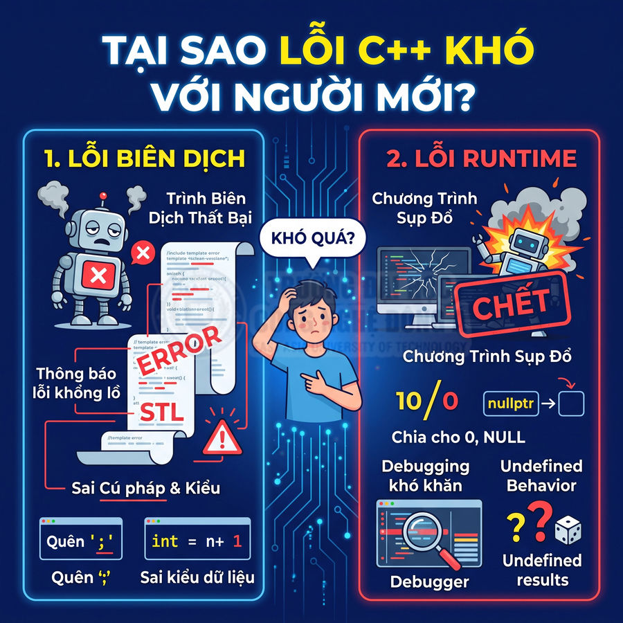 Minh họa lỗi biên dịch và lỗi runtime trong lập trình C++ gây khó khăn cho người mới học
