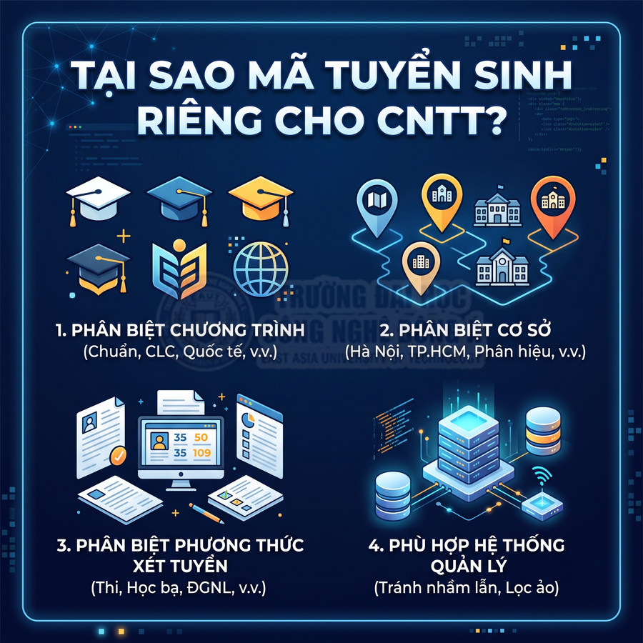 Infographic lý do có mã tuyển sinh riêng cho ngành CNTT với các mục phân biệt chương trình, cơ sở, phương thức và hệ thống quản lý