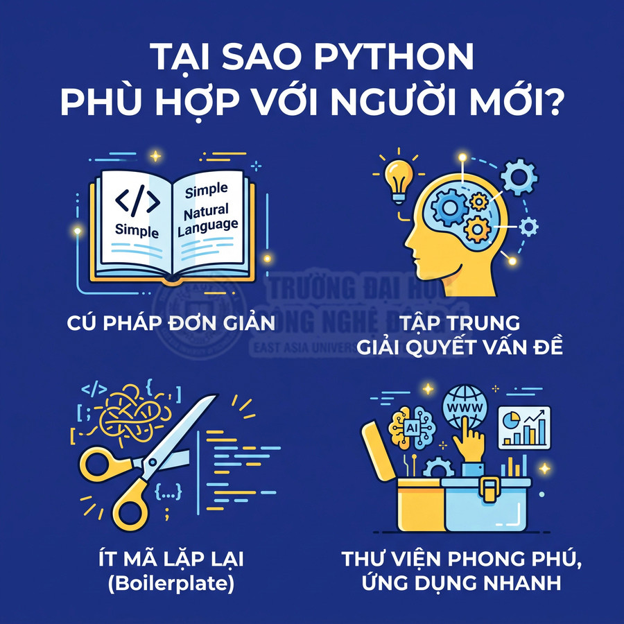Lý do Python phù hợp cho người mới học lập trình với cú pháp đơn giản, ít mã lặp và thư viện phong phú
