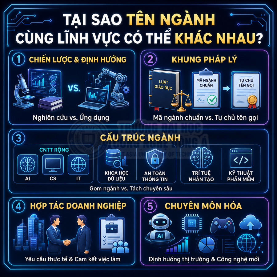 Infographic giải thích lý do tên ngành cùng lĩnh vực công nghệ thông tin có thể khác nhau trong giáo dục Việt Nam