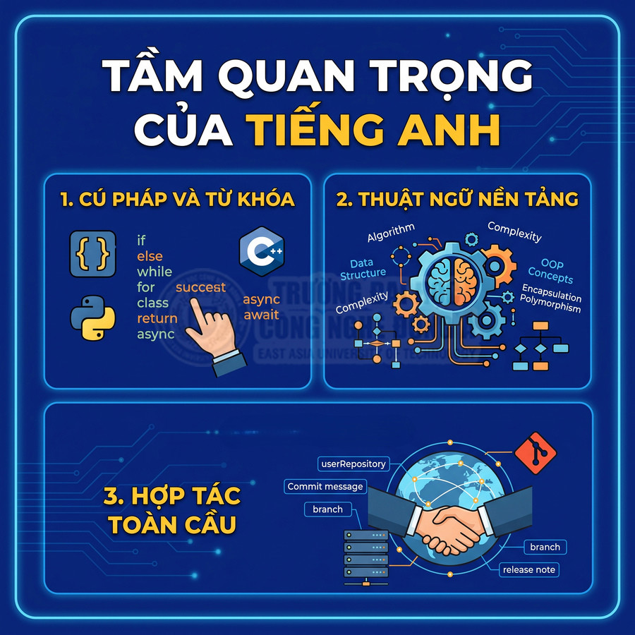 Infographic tầm quan trọng của tiếng Anh trong lập trình với cú pháp, thuật ngữ nền tảng và hợp tác toàn cầu