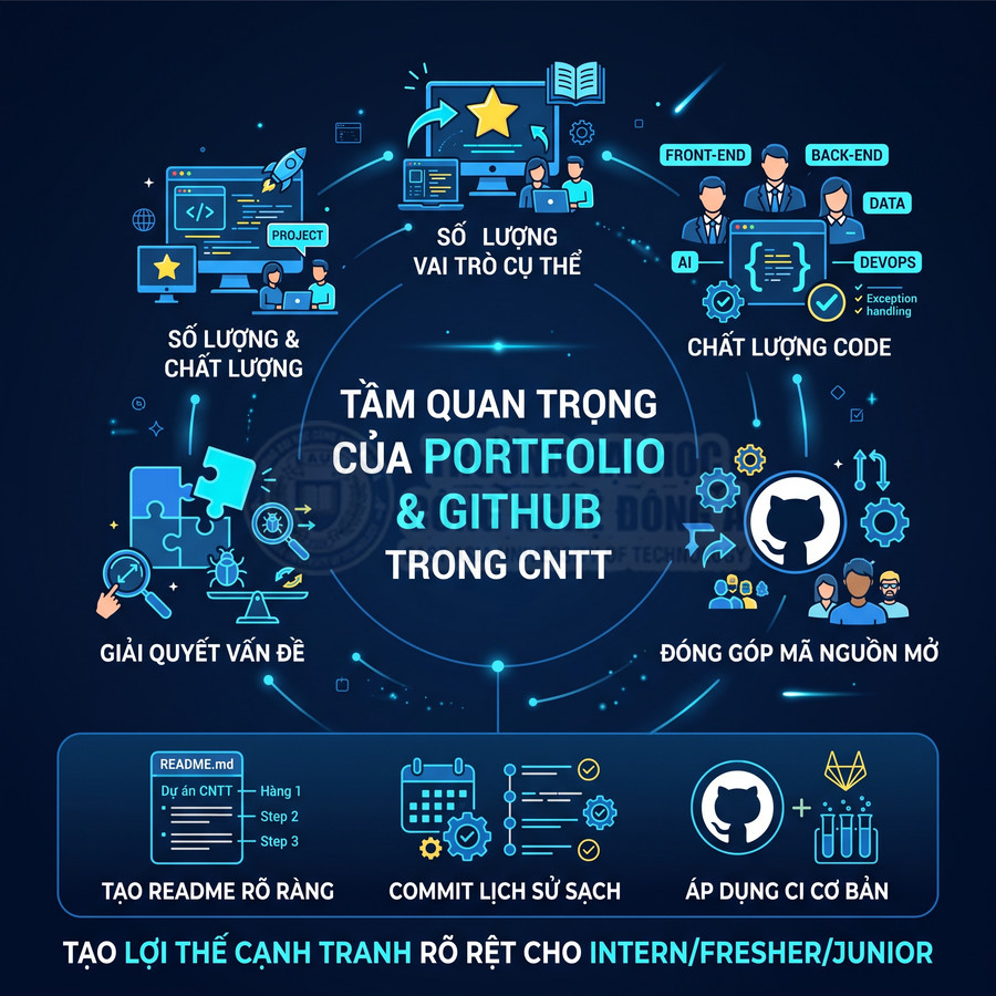 Infographic tầm quan trọng của portfolio và GitHub trong CNTT, nhấn mạnh chất lượng code và đóng góp mã nguồn mở