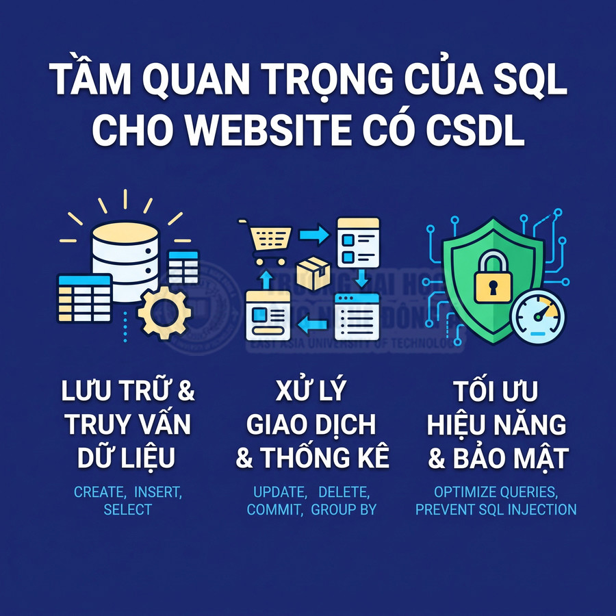 Minh họa tầm quan trọng của SQL cho website có cơ sở dữ liệu về lưu trữ, xử lý giao dịch và tối ưu bảo mật