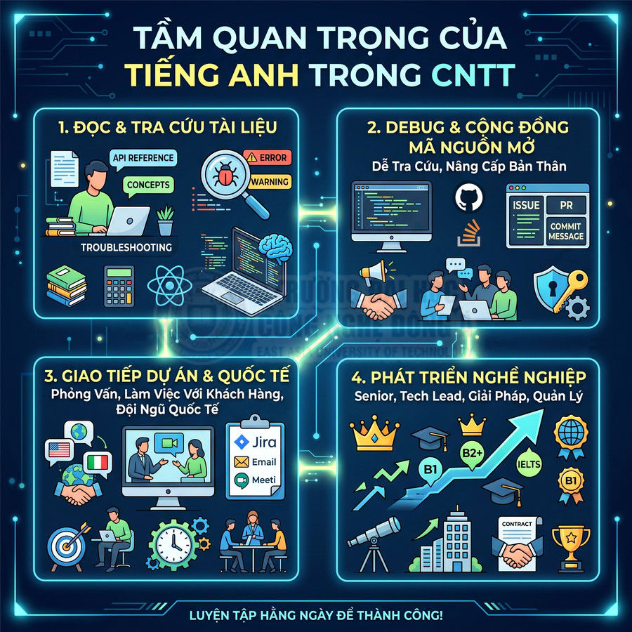 Tầm quan trọng của tiếng Anh trong ngành CNTT với 4 lợi ích chính minh họa bằng icon và laptop