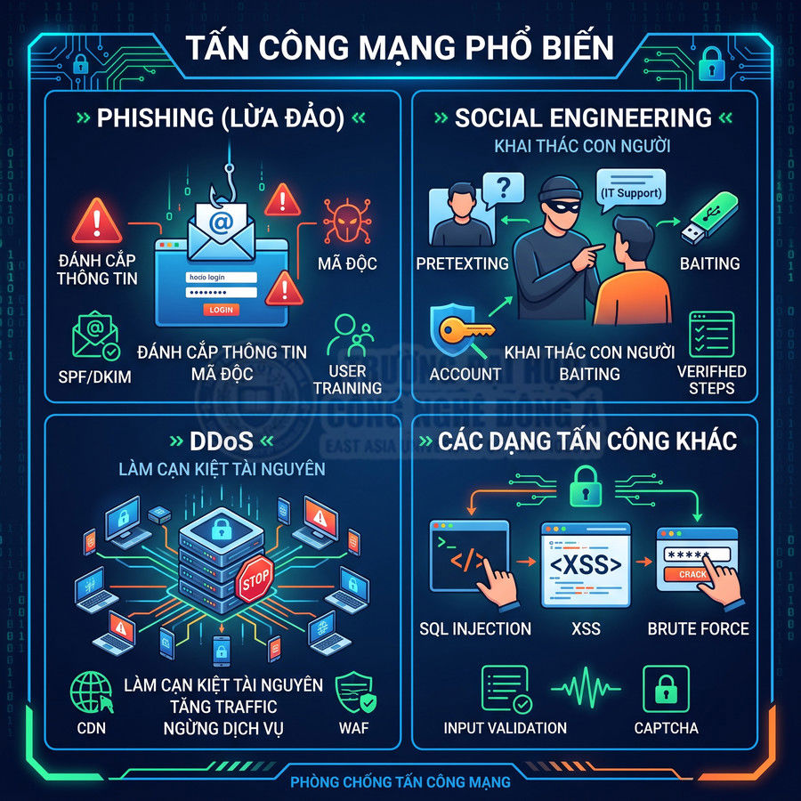 Các dạng tấn công mạng phổ biến như phishing, social engineering, DDoS, SQL injection, XSS, brute force