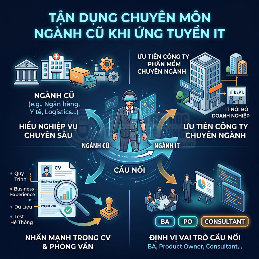 Infographic hướng dẫn tận dụng chuyên môn ngành cũ khi chuyển sang ứng tuyển ngành IT