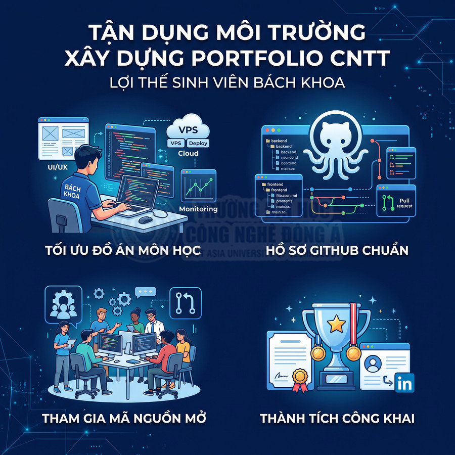 Infographic lợi thế sinh viên Bách khoa xây dựng portfolio CNTT với dự án, GitHub, mã nguồn mở và thành tích công khai