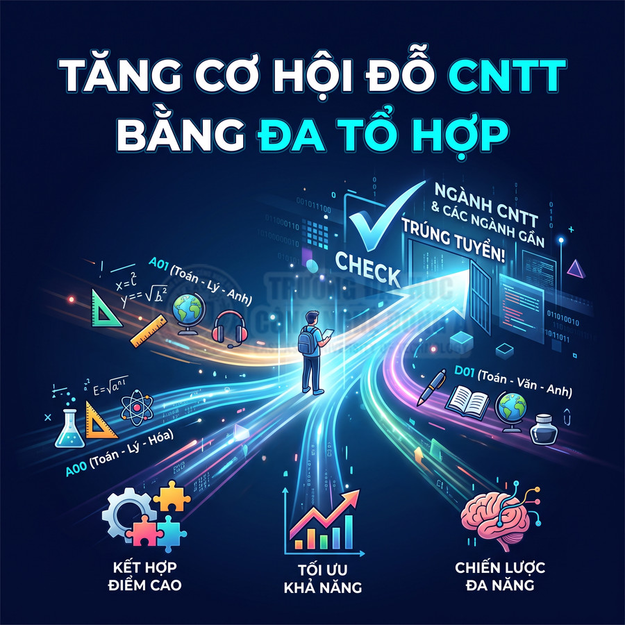Poster tư vấn tăng cơ hội đỗ ngành CNTT bằng chọn đa tổ hợp môn A00 A01 D01 với hình minh họa học sinh và biểu đồ