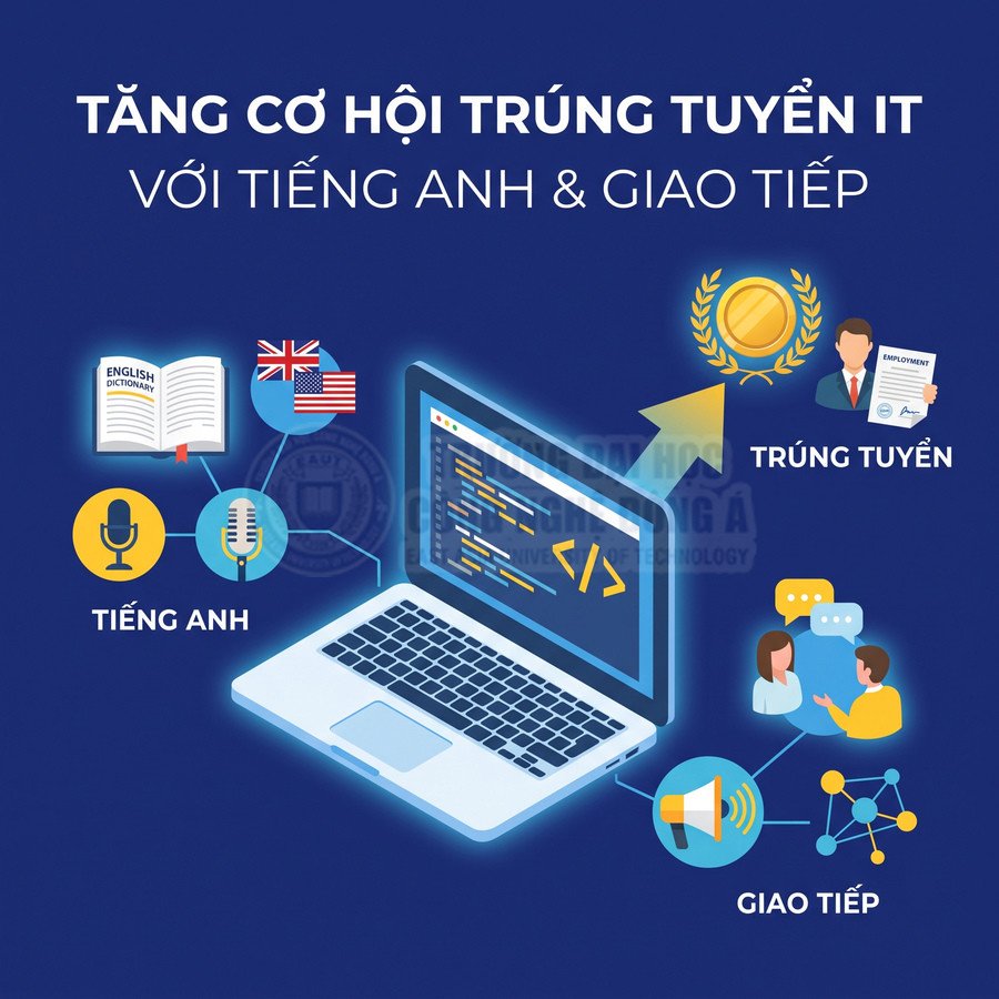 Laptop lập trình IT với biểu tượng tiếng Anh và kỹ năng giao tiếp giúp tăng cơ hội trúng tuyển IT