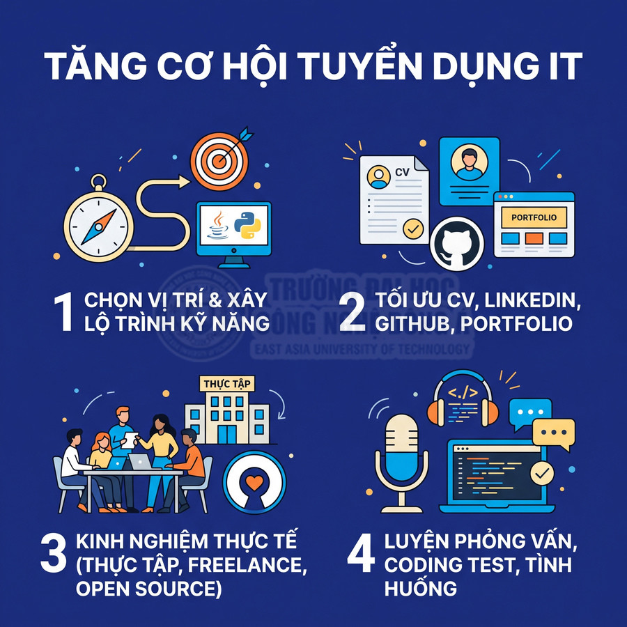 Infographic 4 bước tăng cơ hội tuyển dụng IT gồm chọn vị trí, tối ưu CV, tích lũy kinh nghiệm và luyện phỏng vấn